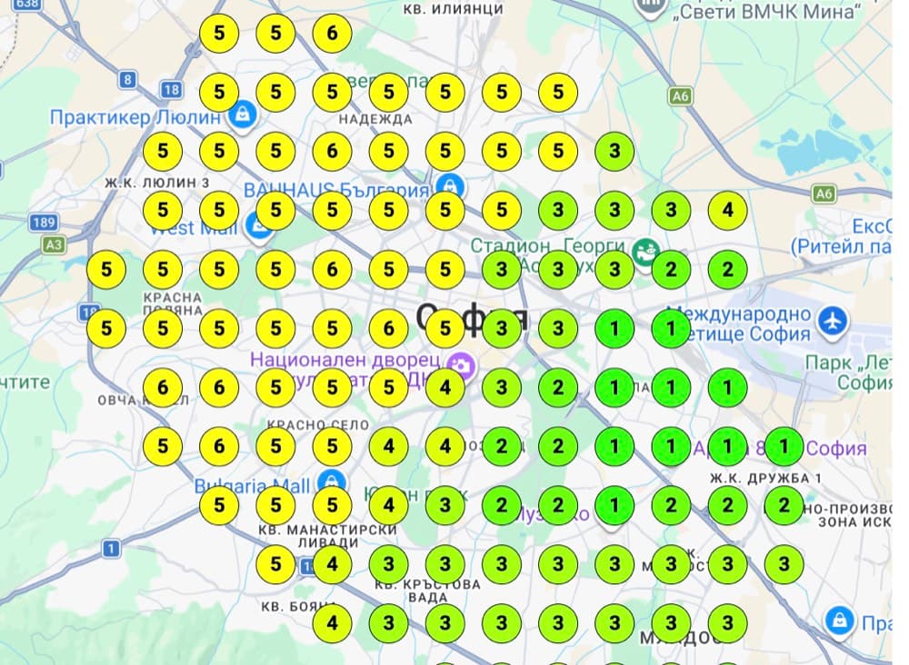 Google Maps ranking heatmap after ~11 weeks - top 3 across most of Sofia