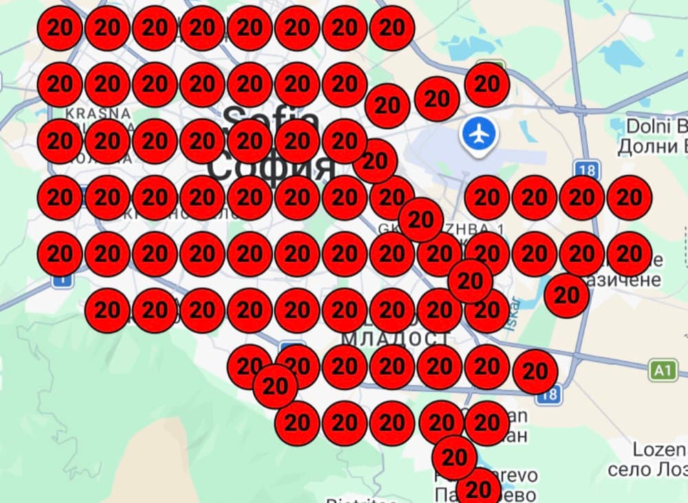 Google Maps ranking heatmap before optimisation - outside the top 20 across the whole city